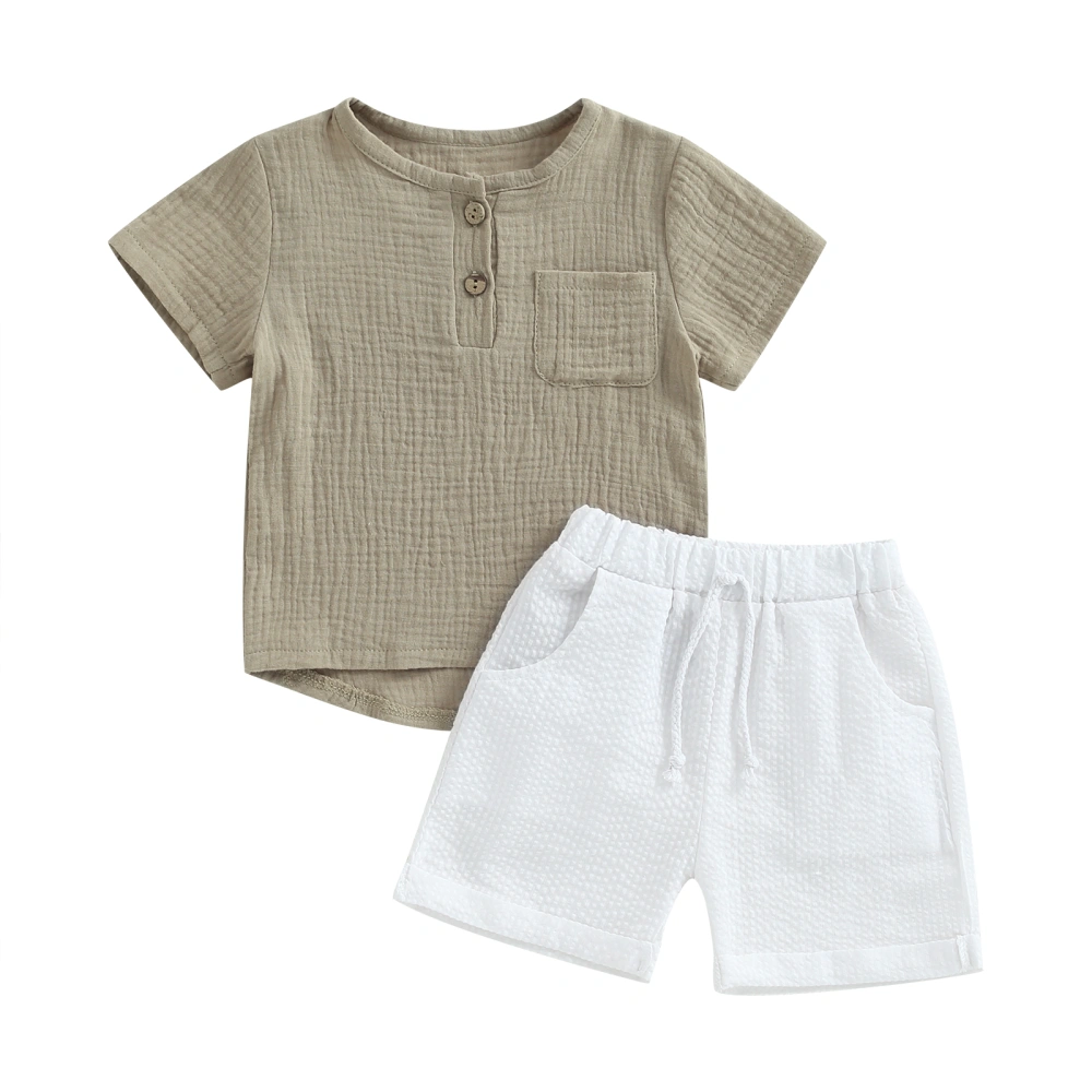 Boys Solid Color Short Sleeve Tops and Drawstring Shorts Sets