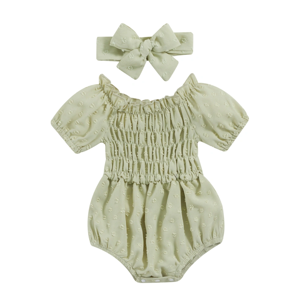 Baby Girls Romper Set, Off-shoulder Pleated Romper with Headband