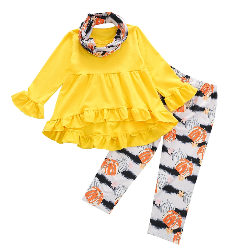 Kids Halloween Tracksuit, Frilly Blouse + Pumpkin Print Pants + Scarf