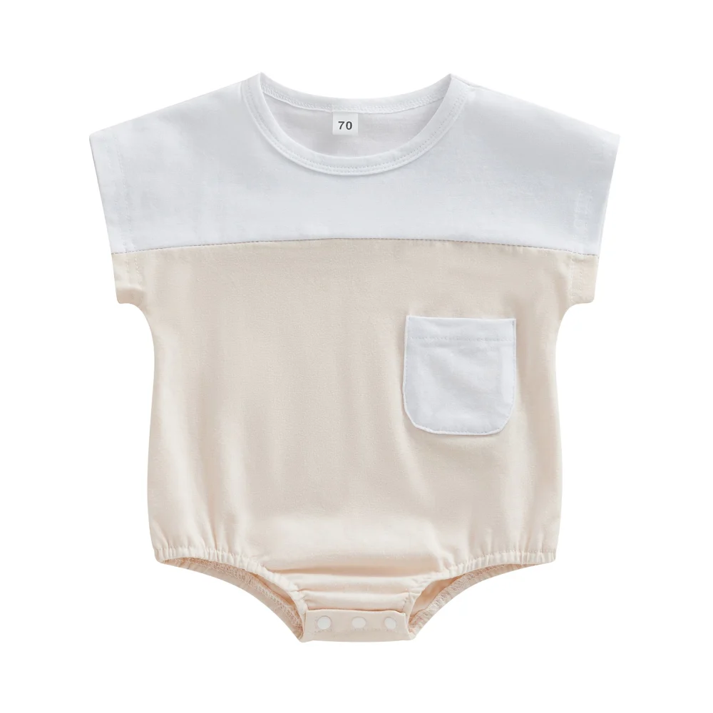 Baby Summer Romper, Short Sleeve Contrast Color Pocket Bodysuit