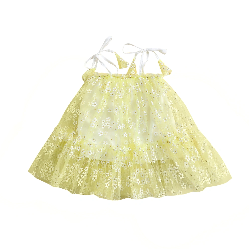 Baby Girl Dress, Lacing Sleeveless Flower Print Mesh Patchwork Dress