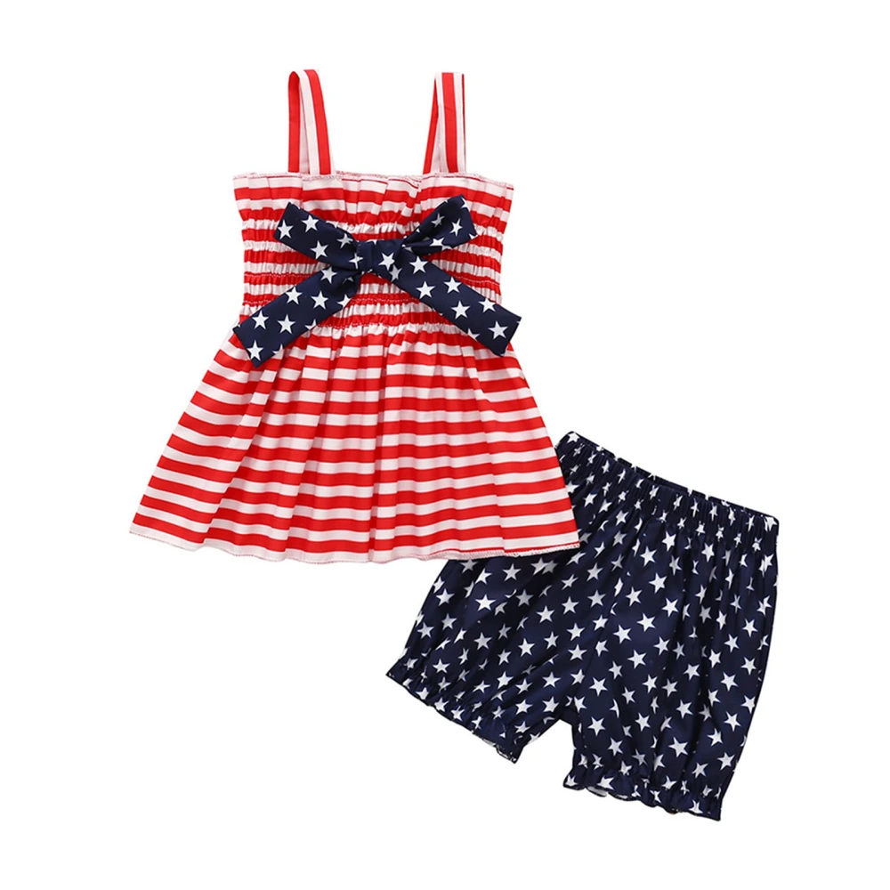 Girl’s Stripe Bow Suspender Tops and Star Print Short Pants Set