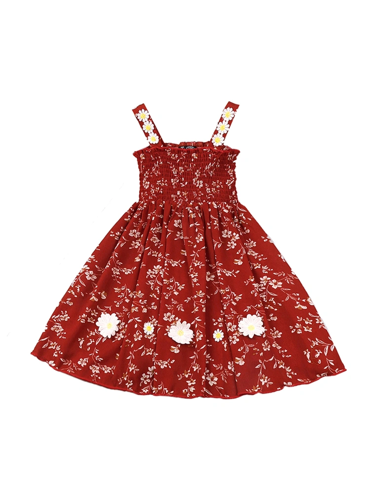 Kids Girls Sleeveless Print Dress Stylish Flower Decoration Dress