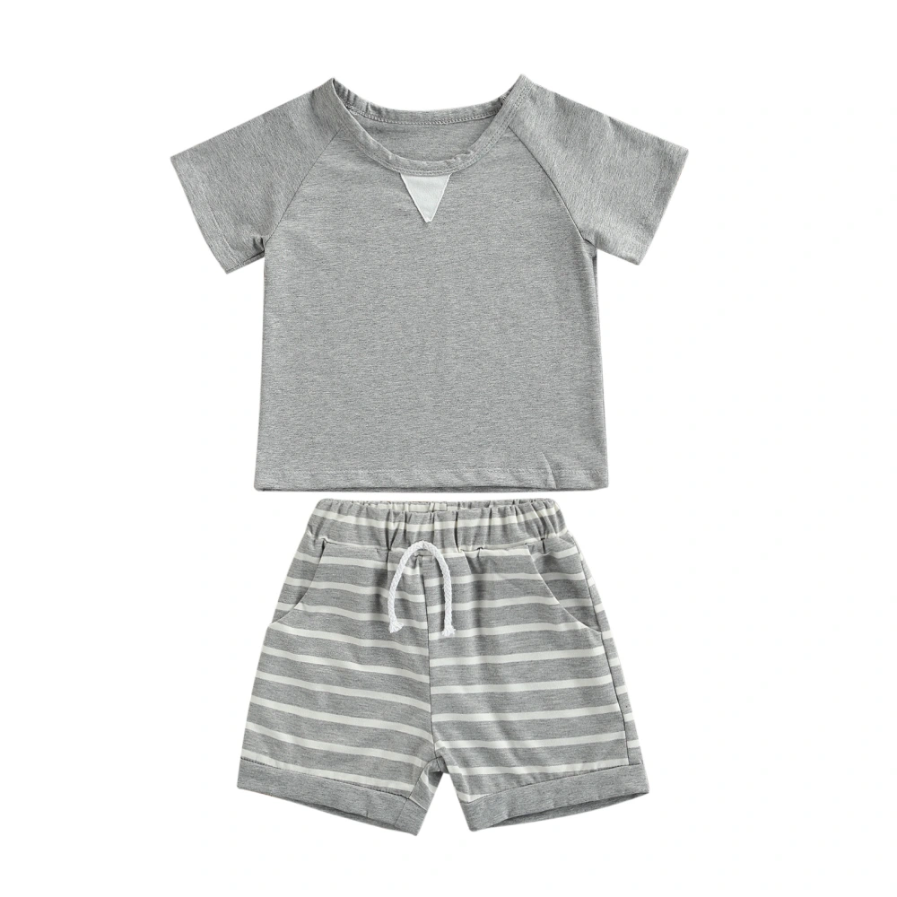 Short Sleeve T-shirt + Striped Shorts with Drawstring, Pocket