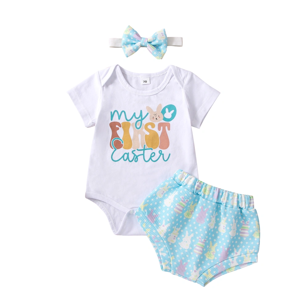 Baby White Short Sleeve Romper + Bunny Print Shorts + Headband