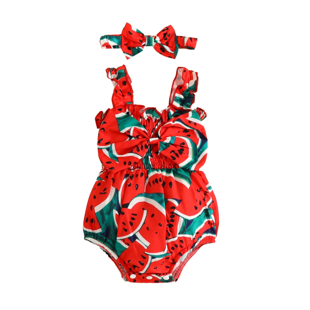 Baby Girl Jumpsuit Set Watermelon Print Sleeveless Romper and Headband