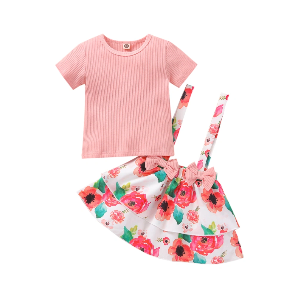 Kids Summer Outfit, Solid Color Ribbed T-Shirt + Floral Overalls Dress