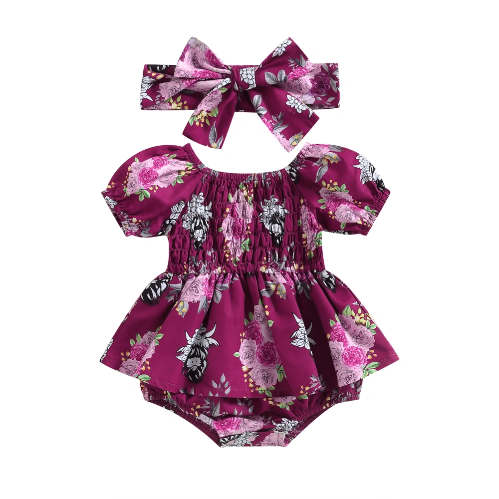 Baby Girls Romper Set, Off-shoulder Cow Flower Print Romper + Headband