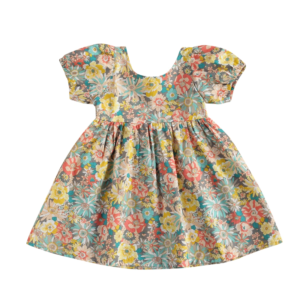 Baby Short-sleeved Dress with Flower Print, Cross Strap Decoration