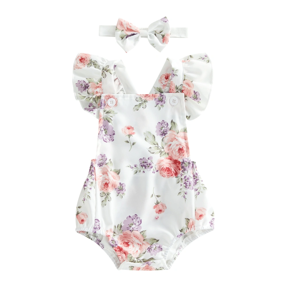 Baby Girl Jumpsuit Set Floral Flying Sleeves Rompers and Headband