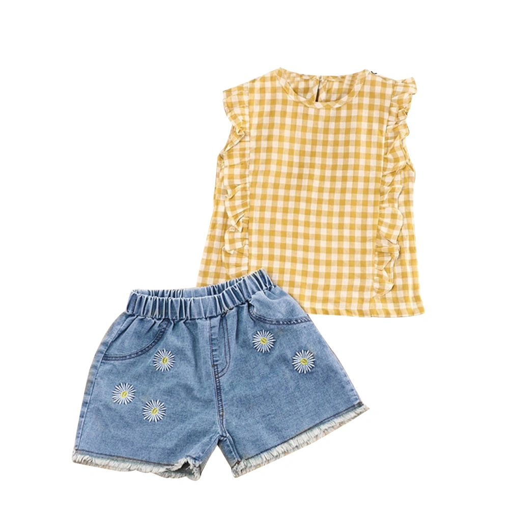 Kids Girls 2-piece Outfit Set Plaid Tops+Daisy Denim Shorts Set