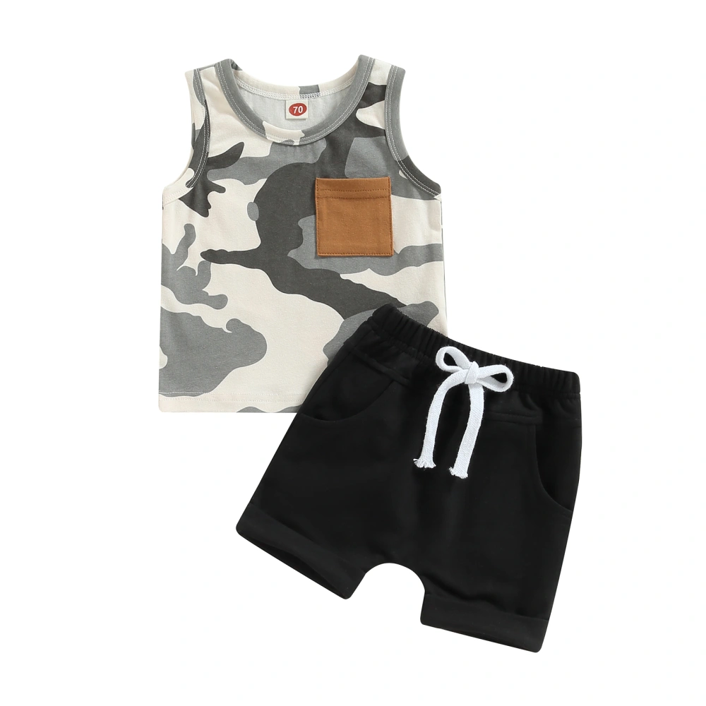 Boys Sleeveless O Neck Camouflage Vest + Black Drawstring Shorts