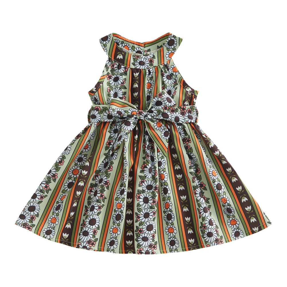 Baby Kids Girl’s Dress, Sleeveless Flower Print A-line Dress with Belt