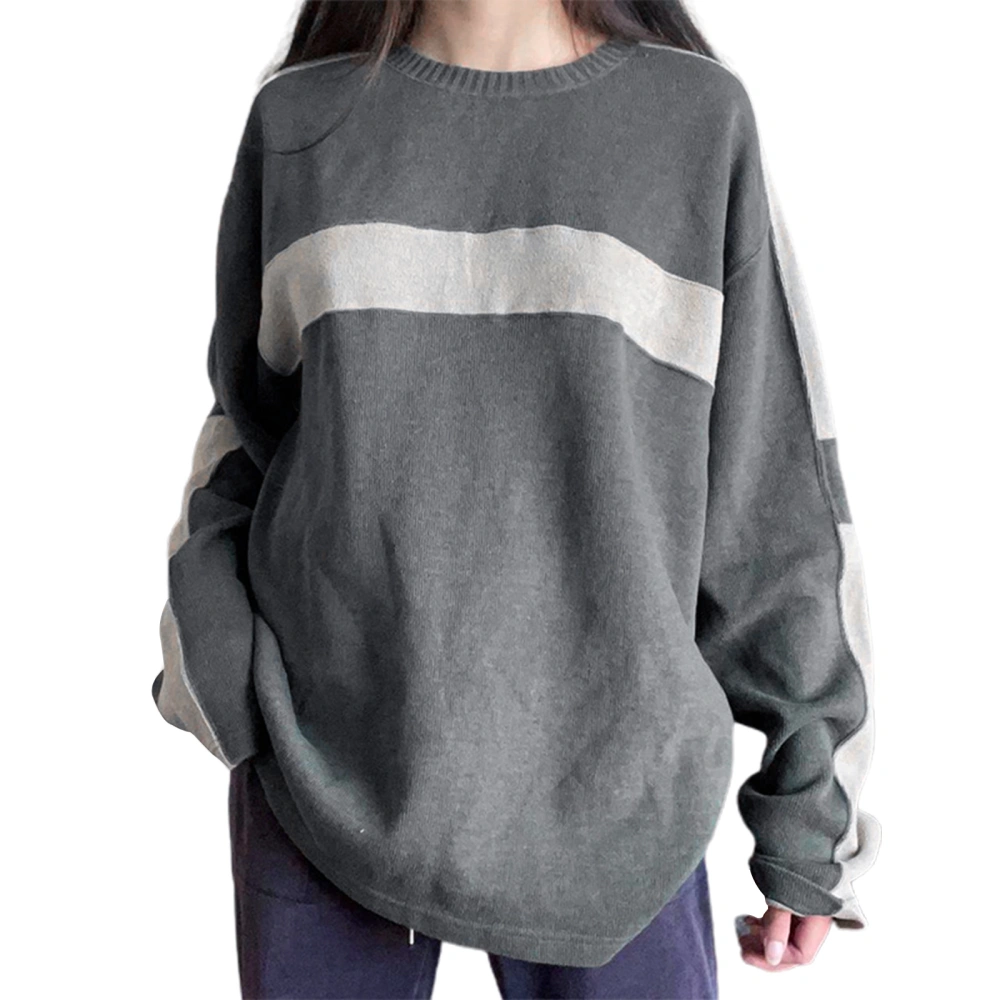 Women's Spring Long Sleeve O Neck Contrast Color Loose Pullover