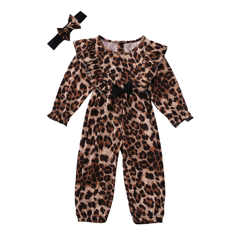 Girls Clothes Set, Leopard Printed Pattern Jumpsuit and Headdress