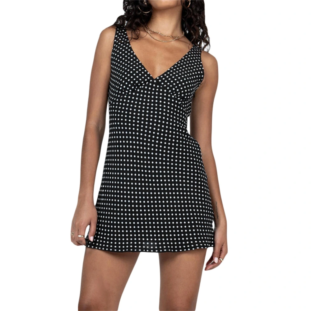 Women Sleeveless V Neck Dot Print Casual Club High Waist Dresses 