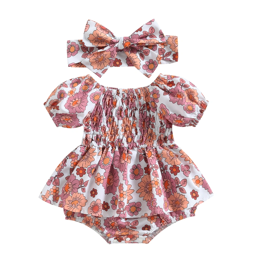 Baby Girl Short Sleeve Off Shoulder Floral Tutu Playsuit with Headband