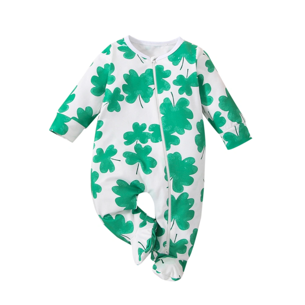 Baby Girls Autumn Long Sleeve Four Leaf Clover Print Zipper Romper