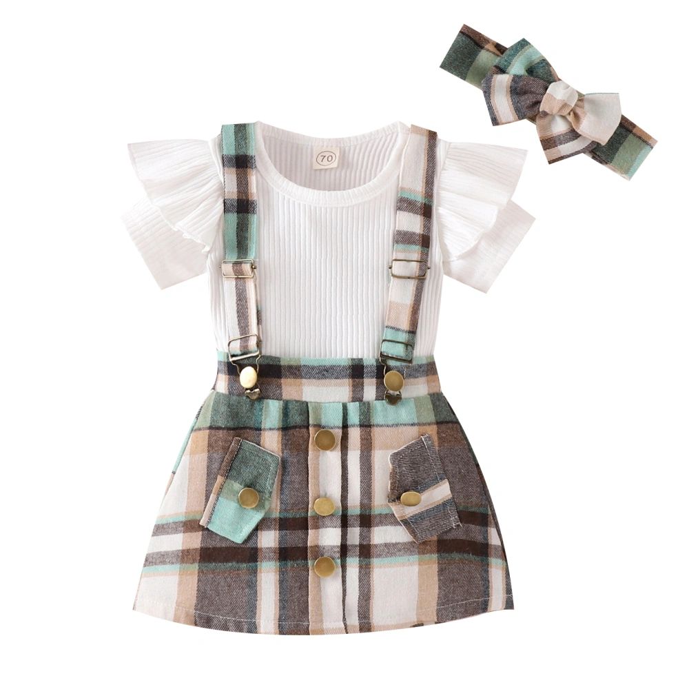 Girl Spring Outfits, Romper + Plaid Suspender Skirt + Headband Set