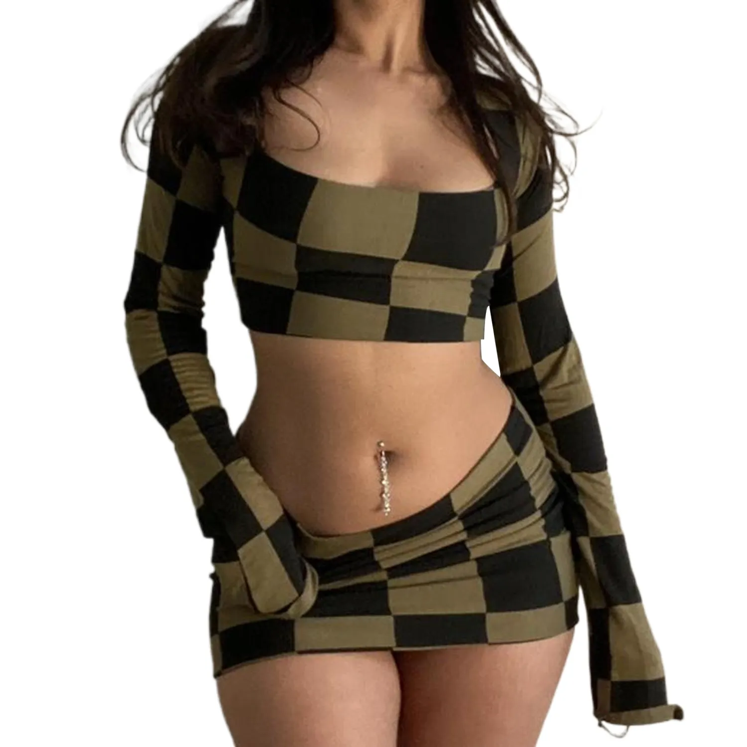 Women Summer 2pcs Outfit Checkerboard Print Crop Tops and Mini Skirt 