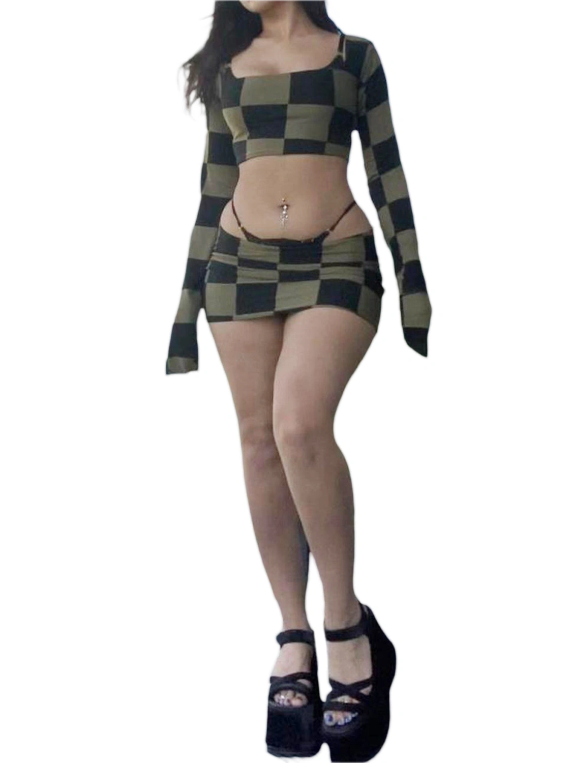 Women Summer 2pcs Outfit Checkerboard Print Crop Tops and Mini Skirt 