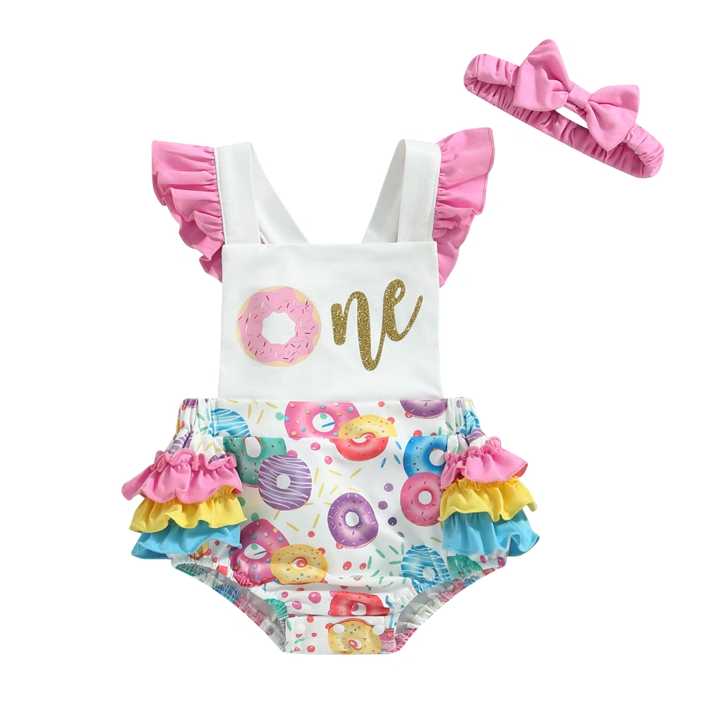 Baby Girls Sleeveless Ruffle Donut Print Playsuit with Headband