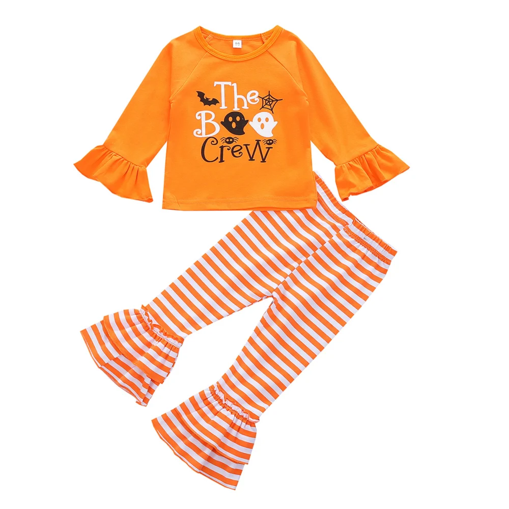 Girls Halloween Clothes Set, Letter Print Tops+Striped Long Pants