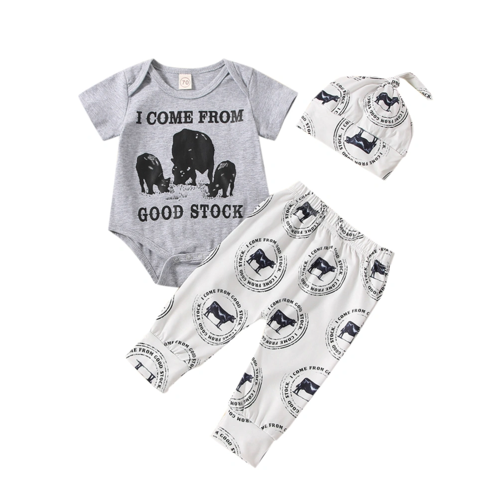 Baby Boys Pants Set, Cow Letters Print Short Sleeve Romper Pants Hat