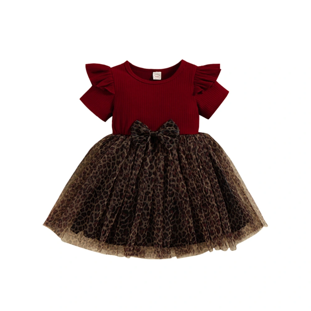 Toddler Girl Tulle Patchwork Dress, Short Sleeve Leopard Print Dress