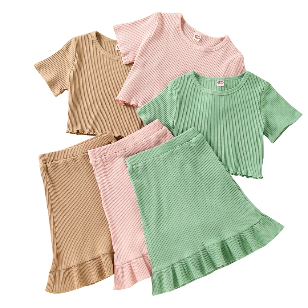 Girl’s Solid Color Short Sleeve T-shirt and Ruffles Short Skirt Set