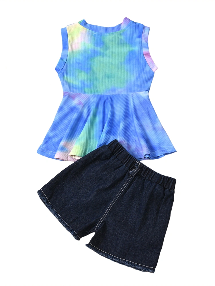 Kids Tie-Dye Print Round Collar Sleeveless Tops+ Denim Shorts