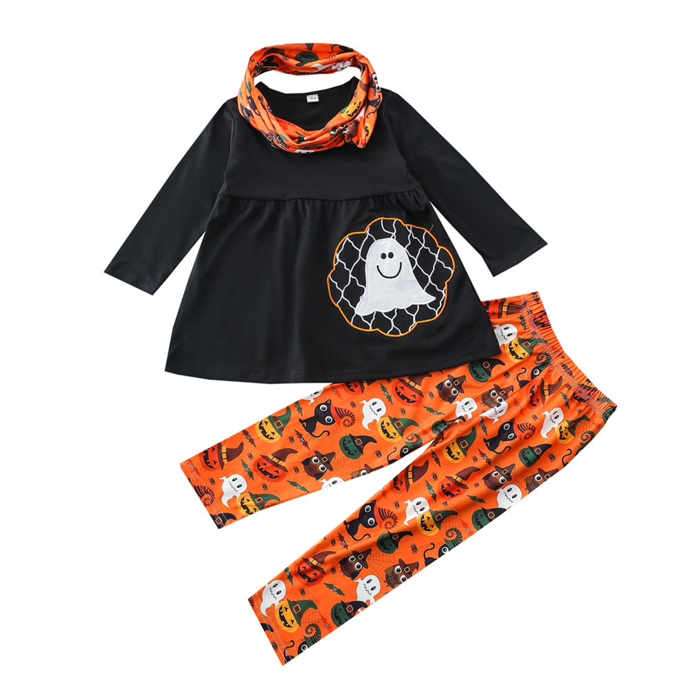 Girls Halloween Clothes Set, Tops+Pumpkin Print Trousers+Scarf