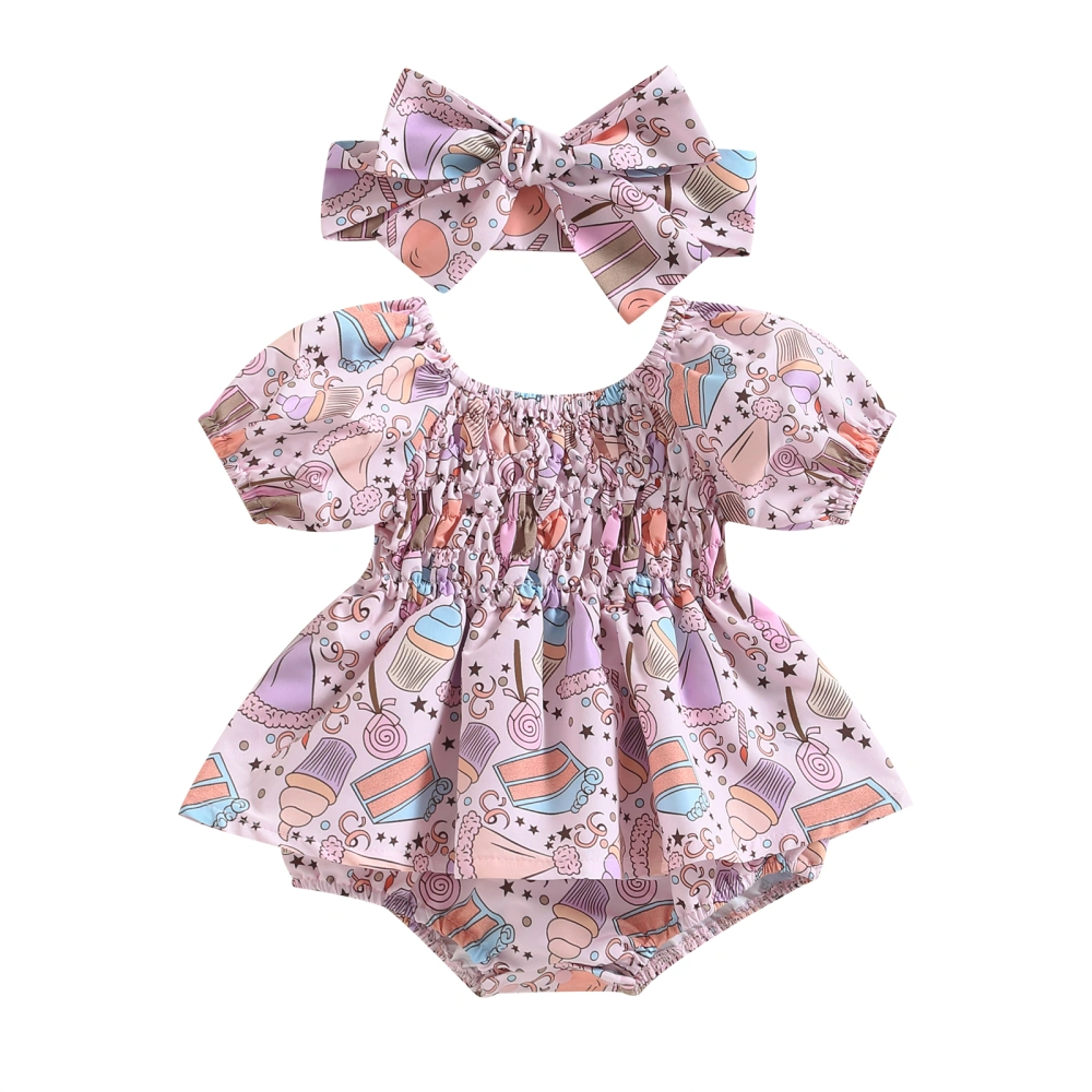 Baby Girl Summer Outfits, Ice Cream Print Skirt Romper with Headband