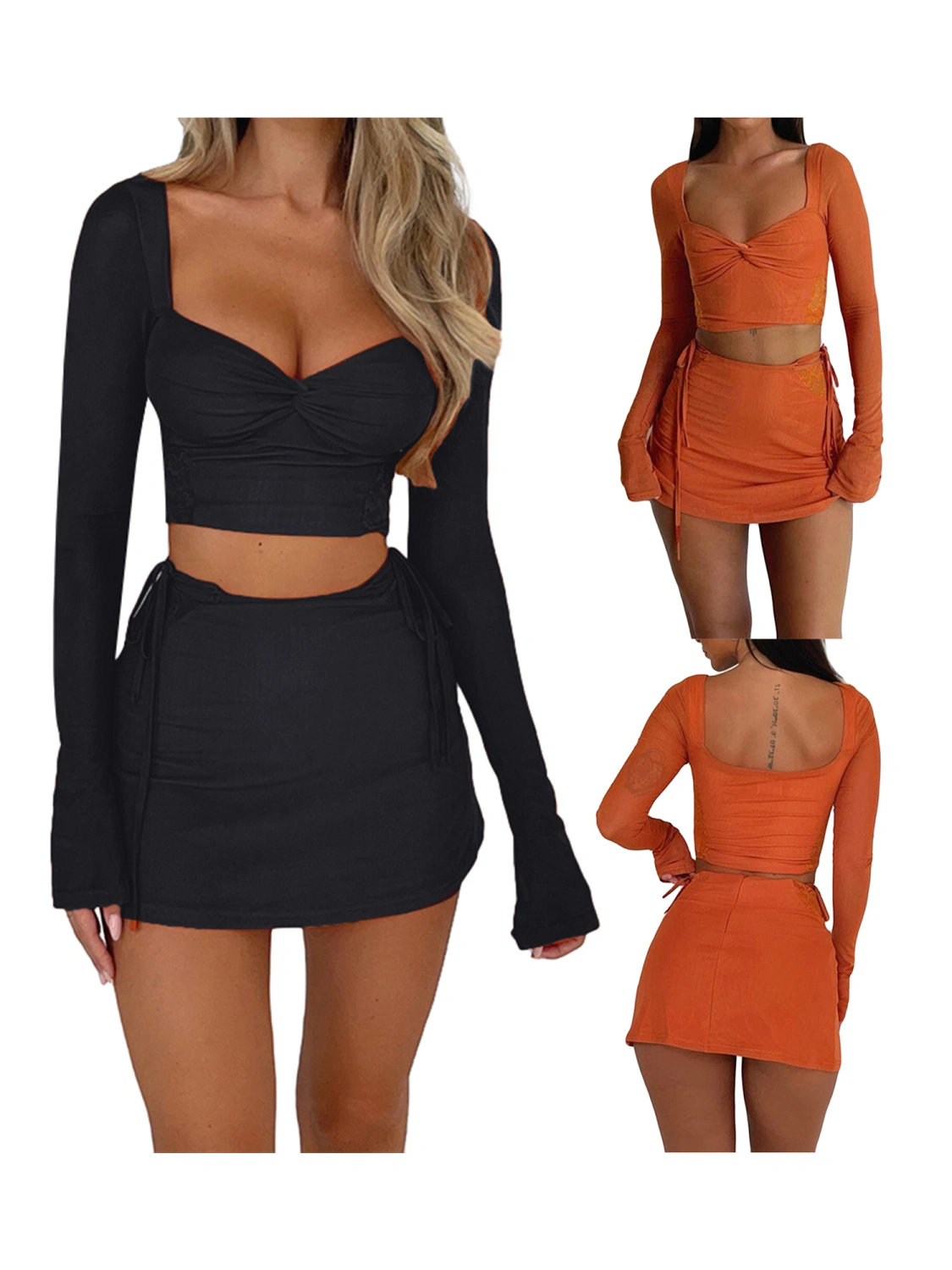 Women Summer 2 Pieces Clothes Outfits Solid Color Crop Tops Skirts