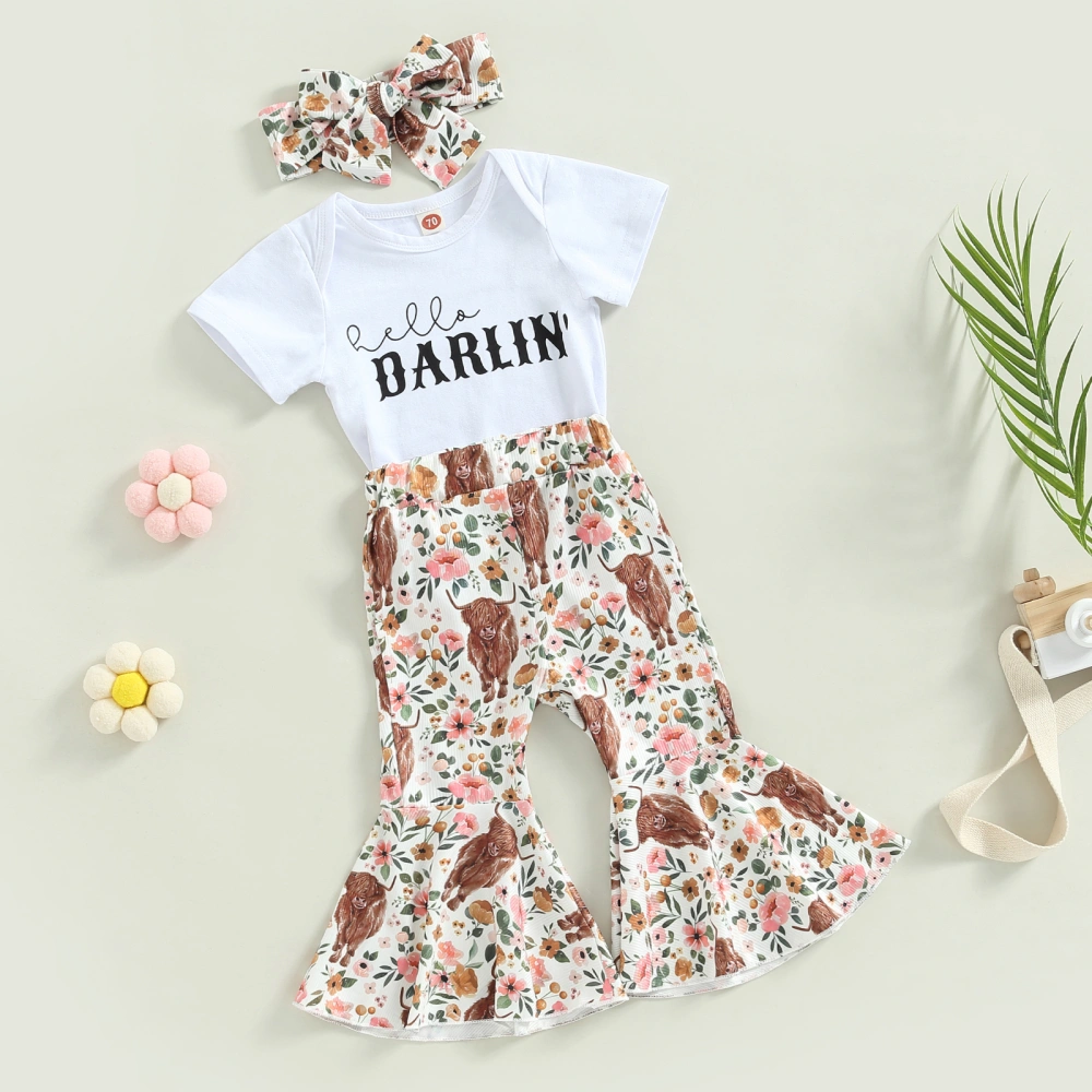 Baby Girl Spring Outfits, Romper+Floral Cow Print Flare Pants+Headband