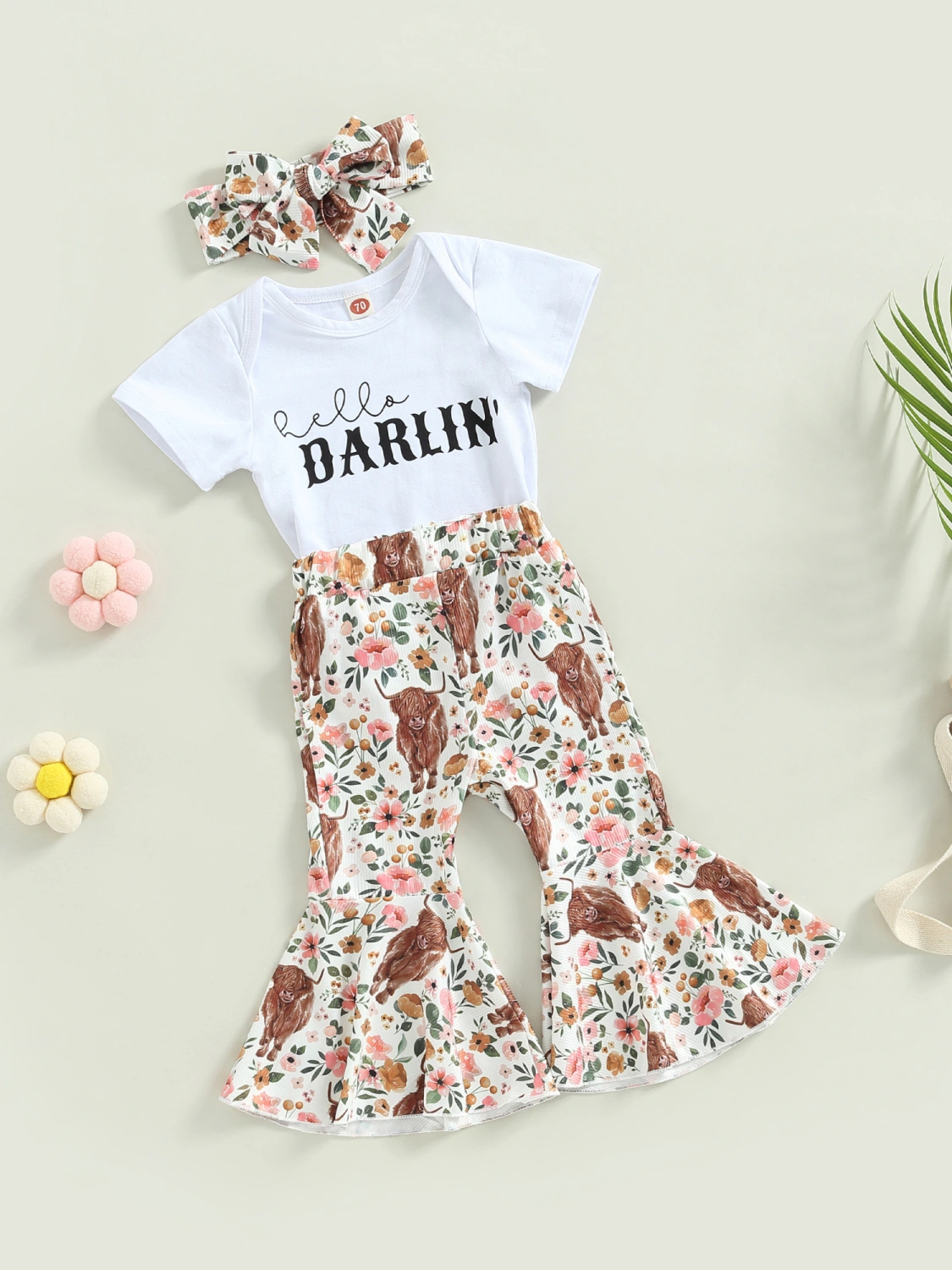 Baby Girl Spring Outfits, Romper+Floral Cow Print Flare Pants+Headband