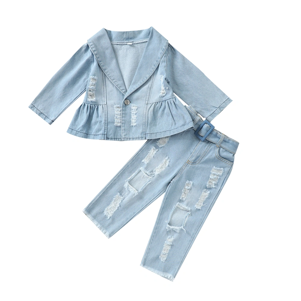 2Pcs Toddlers Tracksuits, Denim Long Sleeves Coat + Ripped Jeans