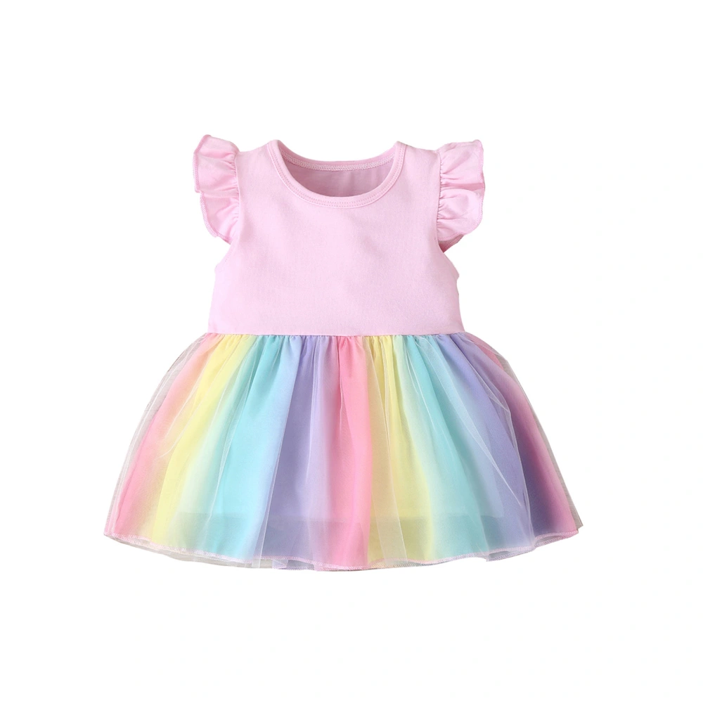 Girl’s Rainbow Mesh Yarn Stitching Fly Sleeve A-line Princess Dress