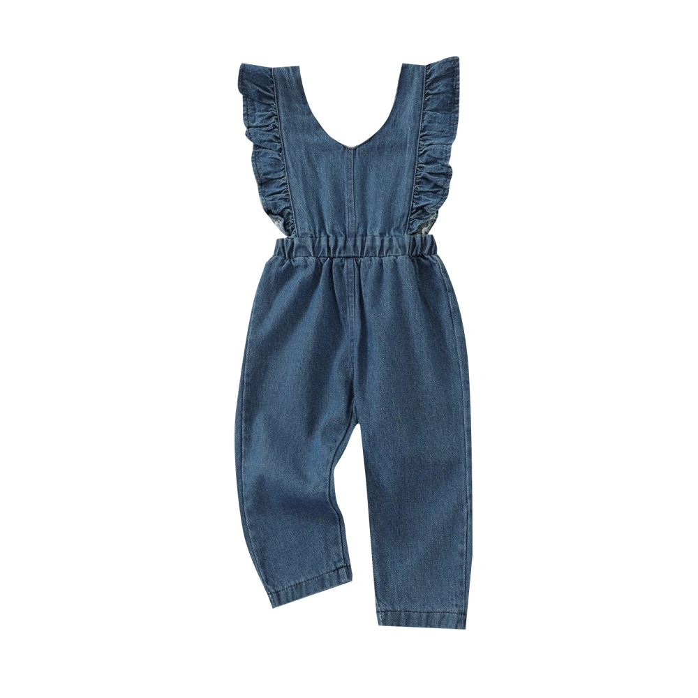 Kids Summer Siamese Trousers, Girls Denim Ruffled Backless Jumpsuit