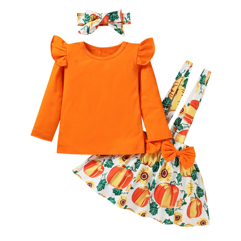 Girl’s Long Sleeve T-shirt and Pumpkin Suspender Skirt with Headband