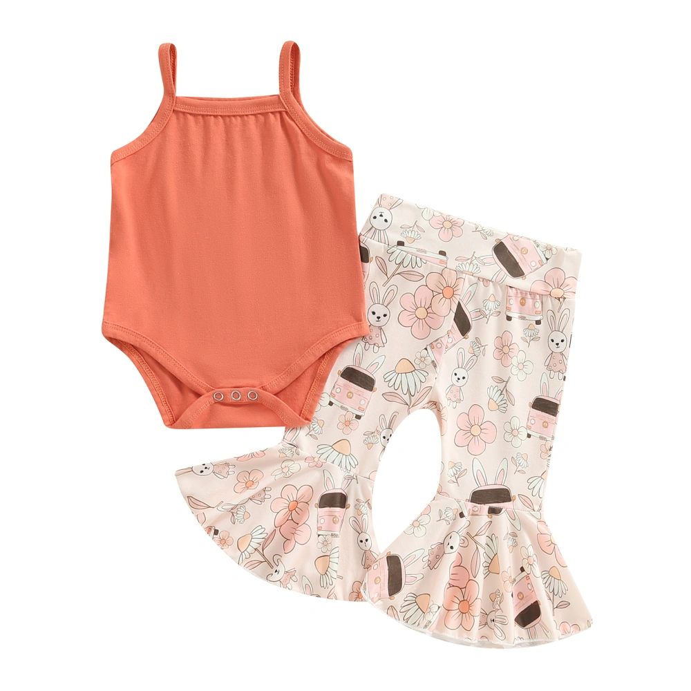 Baby Girls Solid Color Sleeveless Romper + Floral Flared Pants