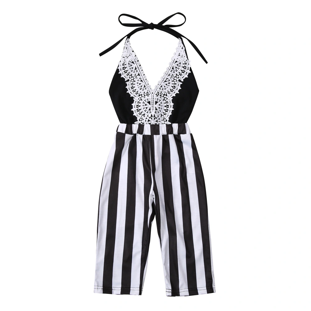 Girls Deep V-neck Striped Romper, Sleeveless Hollow Out Sling Jumpsuit