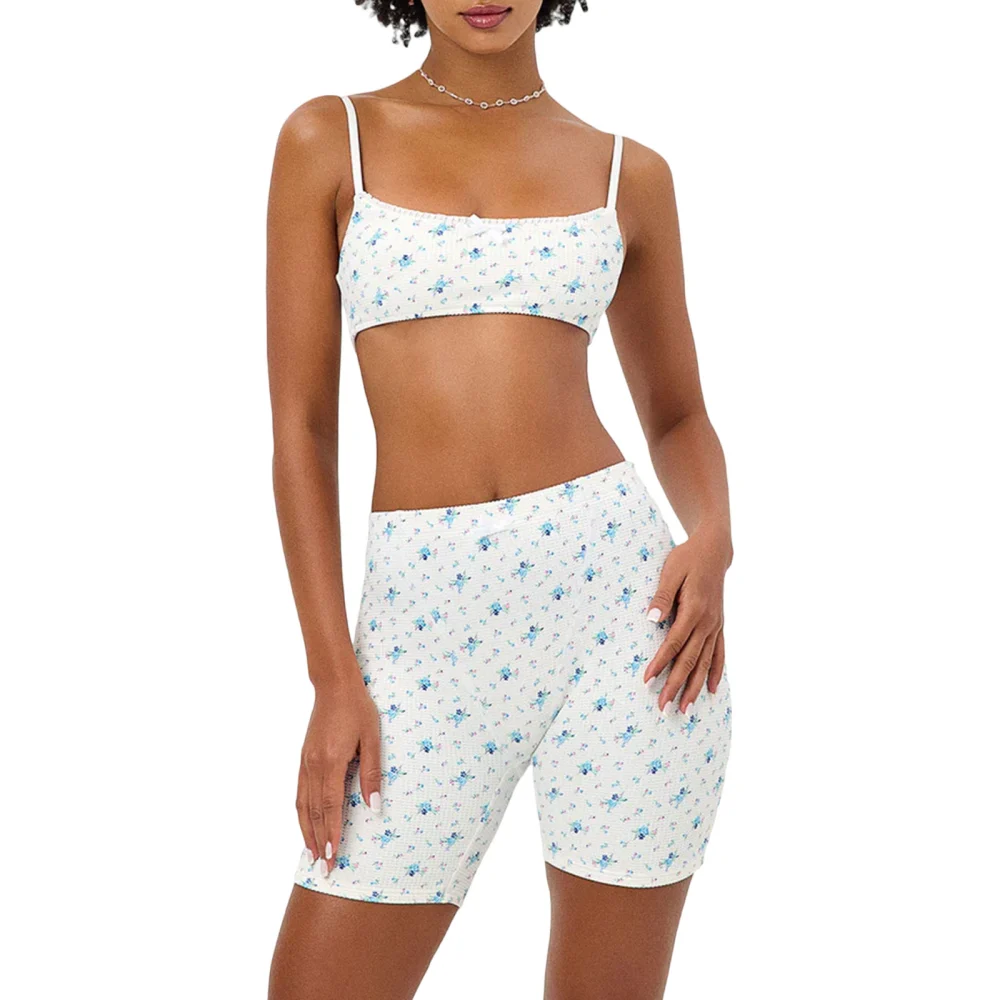 Women Shorts Set Flower Print Camisole with Elastic Waist Biker Shorts