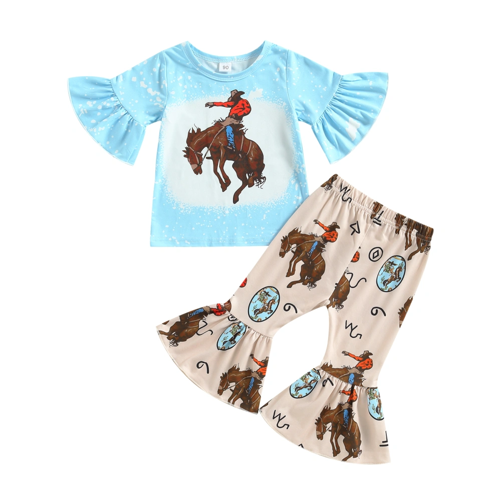 Kid Girls Pants Set, Horse Print Short Sleeve T-shirt + Flare Pants