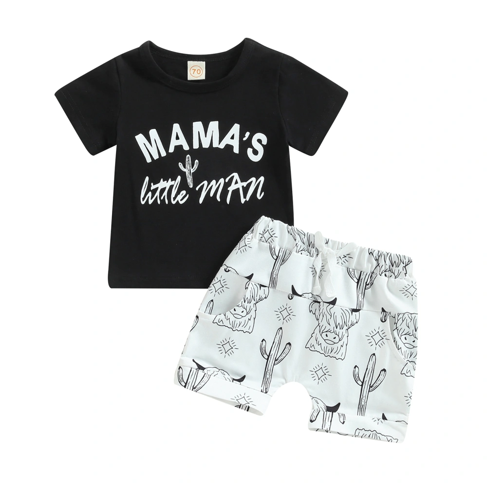 Boys Short Sleeve Letter Tops + Cattle Head Cactus Print Shorts