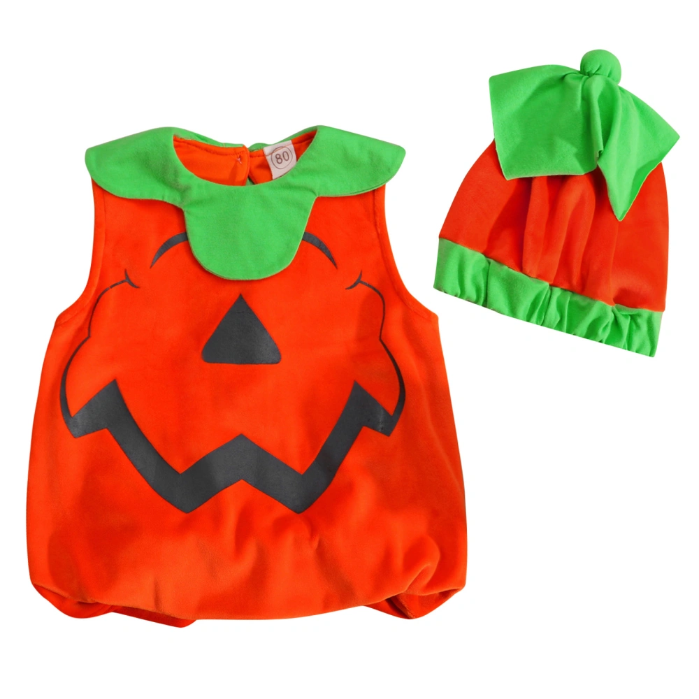 Halloween Sleeveless Round Neck Pumpkin Costume + Color Block Hat