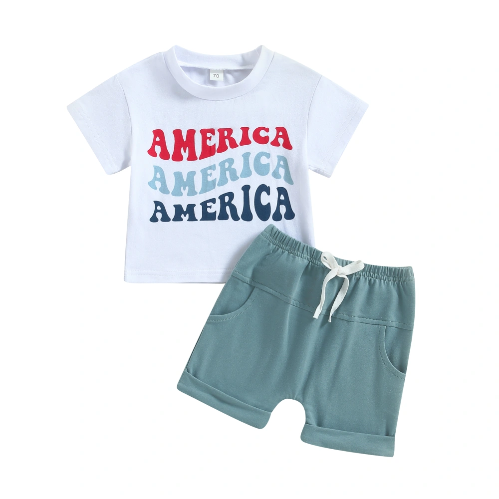 Boy Short Sleeve Round Neck Letters Shirt Drawstring Shorts 