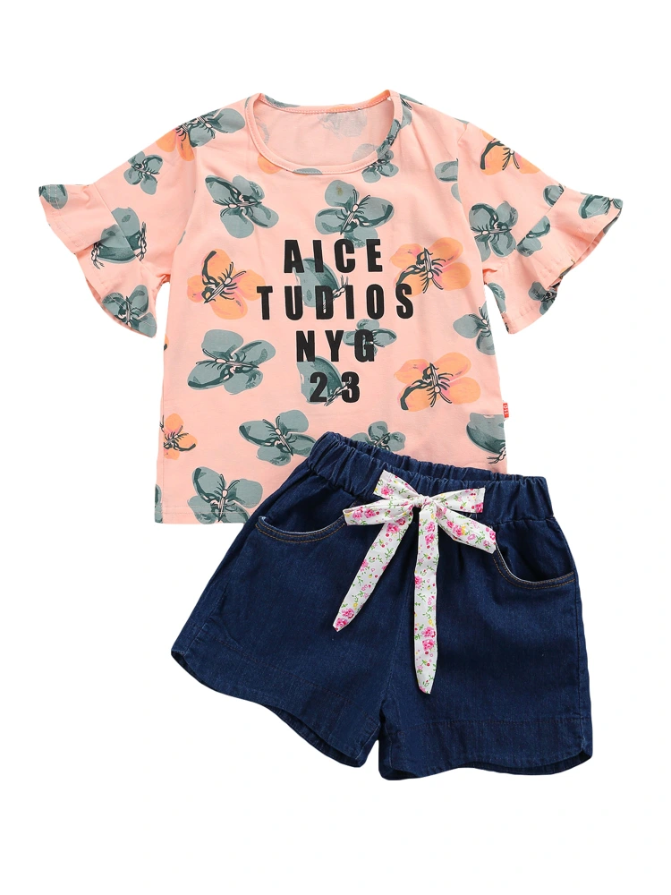 Baby Short Sleeve + Shorts, Letter Print with Bow Ruffle Decoration