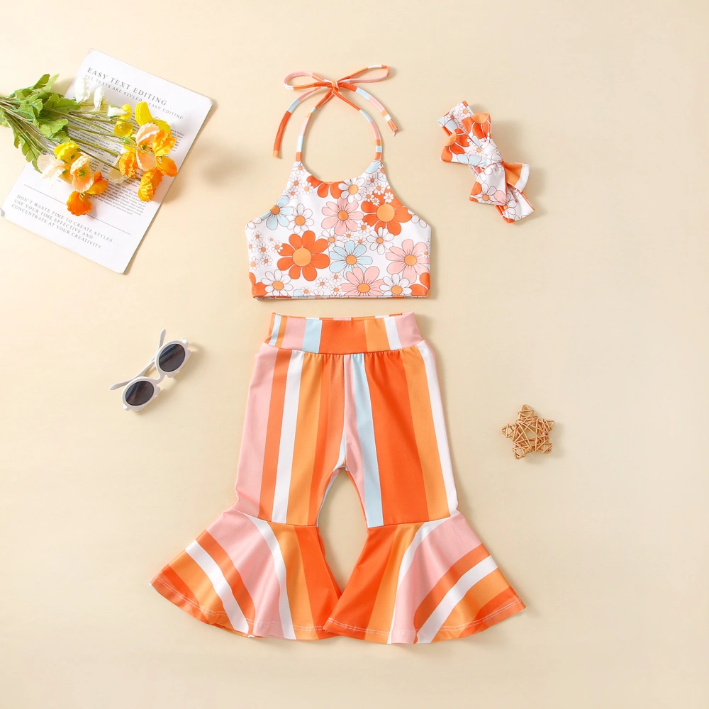 Girl Flower Print Halter Camisole + Stripe Flare Pants + Bow Headband