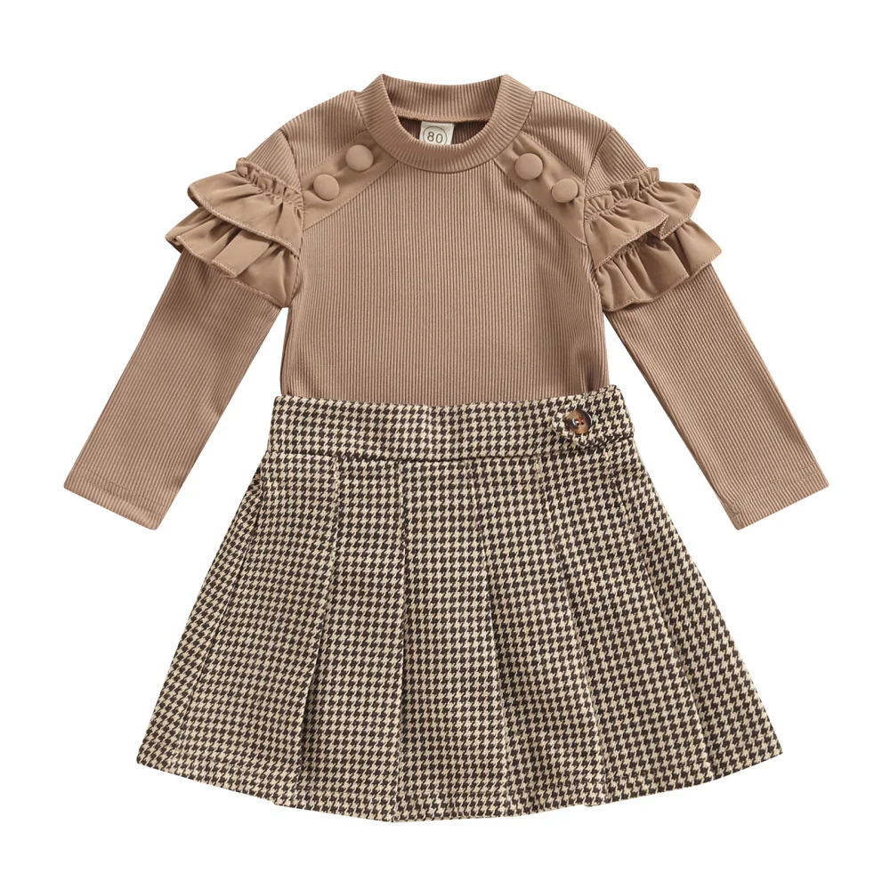 Girls Brown Long Sleeve Ruffle Tops + Houndstooth Print A-line Skirt